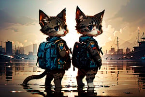 cute kittens with backpacks, standing next to each other, in the style of daz3d, isaac cordal, studyblr, soft, romantic scenes, rinpa school, doug hyde, warm tones,(facing_viewer),furry