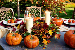 Fall table decoration with pumpkins, wine. Family thanksgiving dinner arrangement outdoors in the garden. Countryside style, simple handmade setting, autumn mood