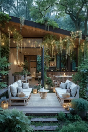 Modern contemporary style small wooden terrace in lush garden with house interior background 3d render, there are green wall fence decorated with white outdoor furniture and string light