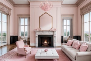 living room HomeAdvisor,neoclassical style, soft light,mild and undramatic pink colors,A plain palate emphasized the stoic, superior sense of form that the Neoclassical embodied,fireplace, lamps, window with beautiful view,8k,real photo,Masterpiece