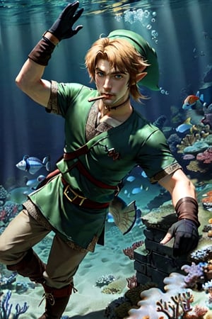 Link, handsome  white boy from the legendary video game The Legend of Zelda,  he is diving underwater. light brown trousers, brown boots, short hair, pointy ears,  green shirt, puffy sleeves, short sleeves, fingerless gloves, black gloves.The setting is a light, clear underwater, full of soft sunlight,top view picture, fish, corals,air bubble from his mouth, aancient ruins far away
, Toon_Link_Zelda,link,penerec,the legend of zelda,yoimiyadef,tunic,hat