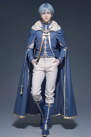 frieren,himmel_sousou_no_frieren,1 (handsome) man, 24 year-old,solo, male focus, looking at viewer, detailed eyes, detailed face ,himmel_sousou_no_frieren, blue hair, blue eyes,mole under eye, blue medieval costume,white  trousers, boots,holding 1sword((standing in blue nemophila field)), good anatomy, best quality, masterpiece, high quality, realist, best detailed, details, realist skin, skin detailed,soft light, Portrait, hyper-realistic, 8K