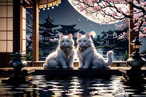 (1 cute white kitty and 1 cute black kitty enjoying moon-viewing during the Heian period in Japan.) They are seated by a veranda, gazing at the full moon with small cups of japanese rice wine. (Scenic night sky, serene pond reflecting the moon, and cherry blossoms.  8k, soft light, real photo,Masterpiece)