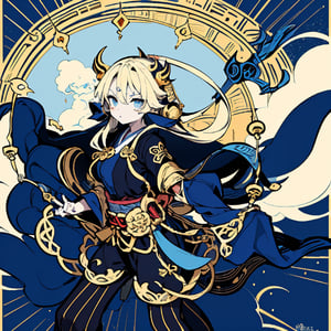 masterpiece, best quality, Japanese God of Thunder,Raijin, flat color, lineart, abstract, ornate, ((gold and blue theme)), rond shape border,cute,Kawai