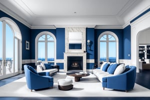 living room HomeAdvisor,neoclassical style, soft light,mild and undramatic blue colors,A plain palate emphasized the stoic, superior sense of form that the Neoclassical embodied,fireplace, lamps, window with beautiful view,8k,real photo,Masterpiece,A-Class,md