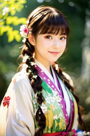 1girl, solo, long hair, looking at viewer, blush, bangs, pink and green hair, green eyes, closed mouth, full  body, braid, flower, japanese clothes, kimono, bird, animal, leaf, floral print, plant, white flower,8k ,soft light,natural light,Warm sunlight,perfect hand, night sky, smile,Highly detailed, High Quality, Masterpiece, beautiful,outdoor
