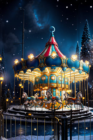 outdoors, night, scenery, snow, railing, lamppost
a carousel ,night sky, illuminated by lights, and set against a night sky sprinkled with stars. Whimsical and magical photo scene, blue and gold colors, in the style of miki asai,Ultra-wide lens view,Tilt-shift photography