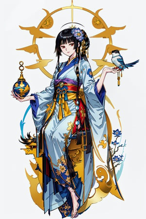 8k,Luxury gold oriental style background vector. Japanese , Chinese oriental line art with blue flower and golden texture, bird and sun.(masterpiece, high quality:1.4), ((full body)),((1girl:1.4)),sitting,wtrcolor style,tarot style