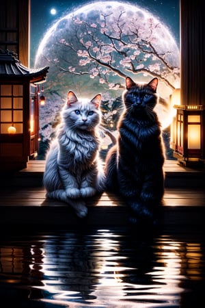 (1 cute white kitty and 1 cute black kitty enjoying moon-viewing during the Heian period in Japan.) They are seated by a veranda, gazing at the full moon with small cups of japanese rice wine. (Scenic night sky, serene pond reflecting the moon, and cherry blossoms.  8k, soft light, real photo,Masterpiece),Masterpiece