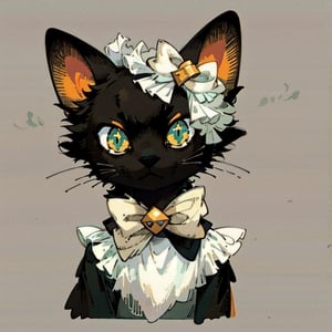 solo, looking at viewer, simple background, bow, 4green eyes, upper body, bowtie, grey background, no humans, cat, white bow, :<, colored sclera, (black cat), white bowtie, yellow sclera, whiskers, black fur