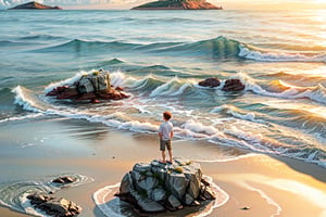 Beautiful seascape with dramatic golden sky over the sea,natural rocks and reflection at snset time in the summer.Long time exposure.