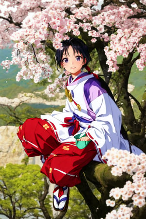 outdoors, tree, cherry blossoms, scenery,8k,soft light, 1boy, 10 year-old ,solo, long hair, black hair,looking at viewer, smile, white long sleeves, (realistic skin),  (light smile:1.1),(sit on tree), very long hair, closed mouth, purple eyes, full body, ponytail, weapon, male focus, japanese clothes, pants, sword, wide sleeves, red ribbon, sandals, katana, sheath, ribbon trim, ribbon-trimmed sleeves, sheathed, tabi,Realism, photorealistic,  cinematic lighting effects, realism, super realistic