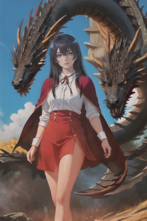 yumiella, 1girl, long_hair, bangs, black_hair, hair_between_eyes, closed_mouth, school_uniform, purple_eyes, white_shirt, collared_shirt,shiny_hair, red_ribbon, dress_shirt, neck_ribbon, capelet,  expressionless, beside her dragon.
1dragon, big,  (black).
 depicted in illustration with a style akin to the works of Brom, capturing the dark and fantastical elements of the scene. Moody color scheme with deep shadows, illuminated by ethereal lighting, evoking a sense of danger and allure. 300 DPI, HD, 8K, Best Perspective, Best Lighting, Best Composition, Good Posture, High Resolution, High Quality, 4K Render, Highly Denoised, Clear distinction between object and body parts, Masterpiece, Beautiful face, Beautiful body,  glistening skin, highly detailed background, highly detailed clothes, highly detailed face, beautiful eyes, beautiful lips, cute, beautiful scenery, gorgeous, beautiful clothes, best lighting, cinematic , great colors, great lighting, masterpiece, Good body posture, proper posture, correct hands, correct fingers, right number of fingers, clear image, face expression should be good, clear face expression, correct face , correct face expression, better hand position, realistic hand position, realistic leg position, perfect posture of legs, beautiful legs, perfectly shaped leg, perfect leg position,outdoor, blue sky