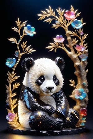 masterpiece, high quality, cinematic lighting, (official illustration:1.4), in forest, (black and white glass carving baby panda) ,glitter,colorful,(nostalgia.:1.4),highest quality, 16k, ultra-detailed,glass art, (epoxy resin combined with Kintsugi style )