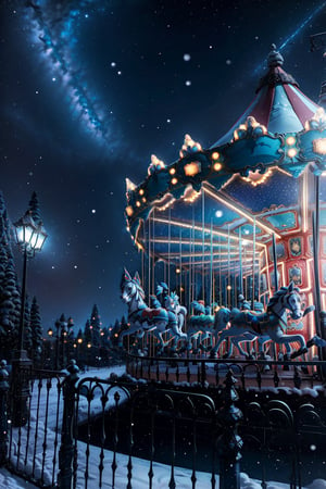 outdoors, night, scenery, snow, railing, lamppost
a carousel ,night sky, illuminated by lights, and set against a night sky sprinkled with stars. Whimsical and magical photo scene, blue and gold colors, in the style of miki asai,Ultra-wide lens view,Tilt-shift photography