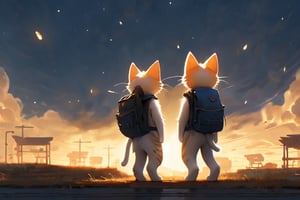 cute kittens with backpacks, standing next to each other, in the style of daz3d, isaac cordal, studyblr, soft, romantic scenes, rinpa school, doug hyde, warm tones