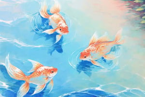 Image illustration of goldfish and ripples seen from above, water colour style,soft light colour