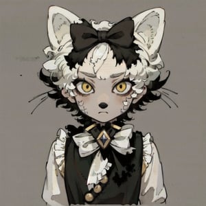 solo, looking at viewer, simple background, bow, green eyes, upper body, bowtie, grey background, no humans, cat, white bow, :<, colored sclera, black cat, white bowtie, yellow sclera, whiskers, black fur,anime,1guy