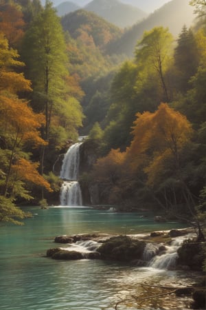 jiuzhaigou valley landscape,8k, clear lake,trees,Colorfull,Ultra-wide lens view,Richness,photo realistic,colorfull,waterfall,fireflies,magic hour,pastelbg,realistic,oil painting