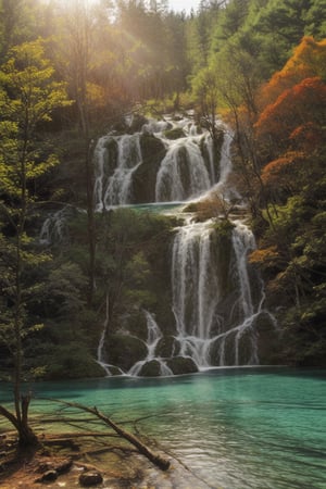 jiuzhaigou valley landscape,8k, clear lake,trees,Colorfull,Ultra-wide lens view,Richness,photo realistic,colorfull,waterfall