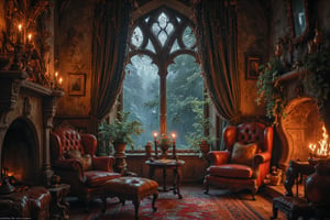 sitting, indoors,Cozy Old Castle Room, no humans, Rain outside window, chair, table, plant, scenery, couch, candle, warm soft light, real photo,Fireplace,warm colour