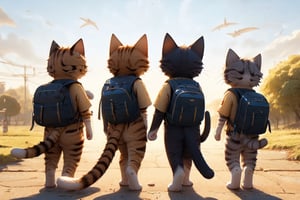 cute kittens with backpacks, standing next to each other, in the style of daz3d, isaac cordal, studyblr, soft, romantic scenes, rinpa school, doug hyde, warm tones,cat,aw0k cat