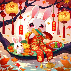 Mid-Autumn Festival ,in the style of water colour, illustration of cute rabbits admiring the moon and eating delicious mooncakes under an maple tree. Chinese translation: Moon Festival.