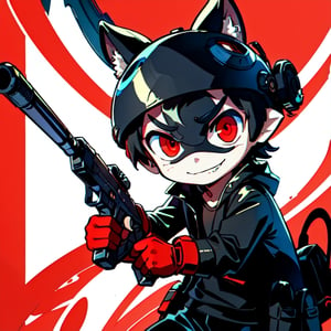 masterpiece, best quality, absurdres, 1 teenage male, solo, splatoon colors, dynamic pose,(( mask)), black coat, black pants, black shirt, red gloves, smirk,playful smile,black hair,short hair), ((((red eyes))), glowing eyes, sharp eyes),8k resolution,high level detail, the gun reflect light and have intense red shine,(((scattered tarot card  background,simple background, red background,graffiStyle))),1guy
