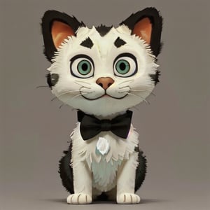 solo, looking at viewer, simple background, bow, green eyes, upper body, bowtie, grey background, no humans, cat, white bow, colored sclera, black cat, white bowtie, yellow sclera, whiskers, black fur,disney pixar style