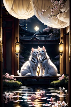 (1 cute white kitty and 1 cute black kitty enjoying moon-viewing during the Heian period in Japan.) They are seated by a veranda, gazing at the full moon with small cups of japanese rice wine. (Scenic night sky, serene pond reflecting the moon, and cherry blossoms.  8k, soft light, real photo,Masterpiece),1 girl,blue eyes,leonardo