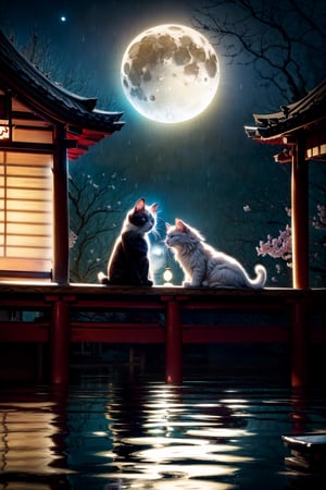 (1 cute white kitty and 1 cute black kitty enjoying moon-viewing during the Heian period in Japan.) They are seated by a veranda, gazing at the full moon with small cups of japanese rice wine. (Scenic night sky, serene pond reflecting the moon, and cherry blossoms.  8k, soft light, real photo,Masterpiece),Masterpiece