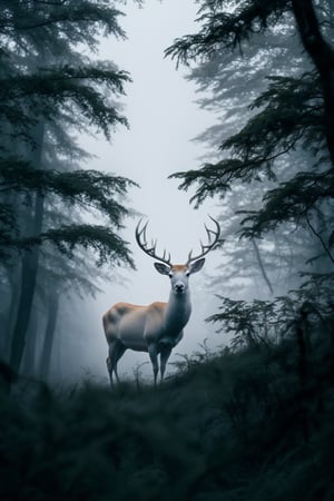 Stunning image of white deer stag in foggy Autumn colorful forest landscape image