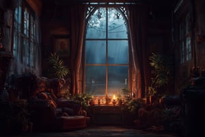 sitting, indoors,Cozy Old Castle Room, no humans, Rain outside window, chair, table, plant, scenery, couch, candle, warm soft light, real photo,Fireplace,warm colour