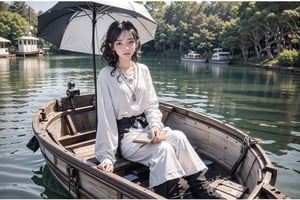 (1girl, black hair, black hair,  black dress,  hair bow ,jewelry, necklace, holding umbrella), 
(1boy, white hair, holding book, book, reading, white shirt, white trousers,) 
(((1 boy 1 girl)), sitting in boat, boat on water), realistic, watercraft, trees,flowers
