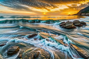 Beautiful seascape with dramatic golden sky over the sea,natural rocks and reflection at snset time in the summer.Long time exposure.