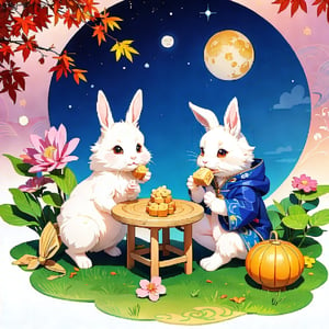 Mid-Autumn Festival ,in the style of water colour, illustration of cute rabbits admiring the moon and eating delicious mooncakes under an maple tree. Chinese translation: Moon Festival.