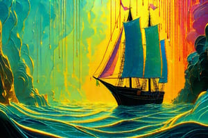 REALISTIC, underwater scene, a thin drop of fluorescent yellow paint drips into the calm water, like a thin mist gradually dispersing and flowing skillfully to form a transparent silhouette of a medieval sailing ship. The momentary scene has a sense of depth.