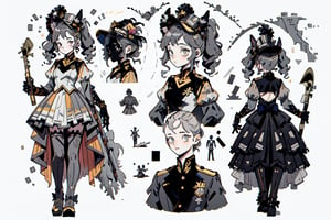 masterpiece, best quality, (extremely detailed face),1 cute little girl, 6 year-old,twin ponytails,( (Marching Band costume)), little skirt, little hat, exquisite costume, bow decoration,Mucha style, elegant clothing, CharacterSheet (multiple views, (front full body), (back full body), reference sheet:1), character design, reference sheet, multiple views(gray background, simple background:1.2),mecha,GothGal