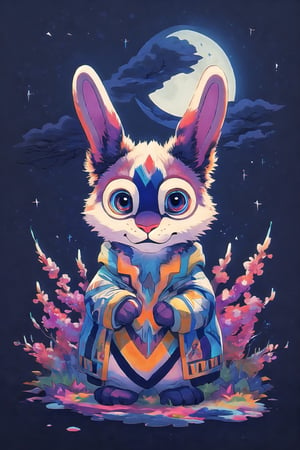 The moon, a rabbit, stand under a sakura tree, painting dreams on the night sky,  hillside, Cubism, side lit, Selective focus, Kodachrome, gilded technique, Batik, sophisticated composition, artistic, detailed, sharp, very coherent, calm, complimentary colors,((glass art, glass style))
