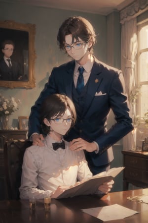 Two butlers wearing glasses, facing the camera in a modern, cozy room. The butler on the left has long black hair and is pointing towards the camera with a gloved hand, while the butler on the right has shorter brown hair and a calm expression. They are dressed in formal black suits with white accents. The background features a bookshelf, a stylish lamp. The lighting is warm and creates a welcoming atmosphere,hug,blue eyes,1boy,1girl,Oil Painting
