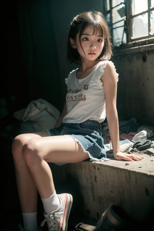 (Masterpiece, best quality), (Static film portrait scene), (1girl, 12 years old beautiful Japanese loli sitting in the middle of chaos, short hair, a denim sundress with a white t-shirt and a pair of canvas shoes. Exquisite life city), Film realism, (Action TV show), cute pose, cute expression, crazy detailed dirty place, full of garbage, chaos, perfect pupils, crazy detailed faces, exquisite detailed dirty place, film grain, HD, 8k, volumetric lighting, light and dark, dim lights, cold tones, hair backlit, ears backlit, volumetric lighting, 8K, perfect eyes, perfect pupils, expressive eyes, smoke, particle effects, mist,