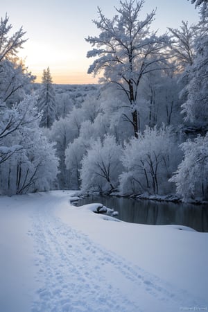 After the snow in winter, the world seems to be covered with a layer of silver-white gauze, the scenery is picturesque and intoxicating. The branches are covered with crystal clear ice crystals, like natural crystal decorations, flashing with cold light, ultra-realistic, ultra-clear, rich in details, extremely high resolution, ultra-wide-angle lens, landscape photos