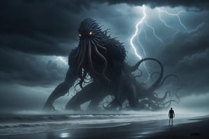 Dark seaside, fog, dark clouds, lightning and thunder, a giant monster looming, long legs, scales, tentacles, horror, depression, giant phobia