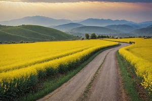 At dusk, the rapeseed field is golden, with a winding road and a small truck filled with flowers driving on the road. Several bees in the close shot are collecting nectar. The sun casts beams of light from the clouds, and the green mountains in the distance are endless. , several birds flying in the sky, super realistic, photo, rich in details, high contrast, extremely high resolution