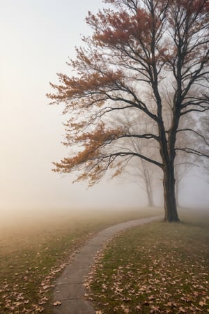 Capture the tranquility of an autumn morning shrouded in soft mist. The sunlight barely penetrates the fog, creating an ethereal atmosphere. A lone tree stands in the foreground, its branches reaching toward the sky, while a winding path disappears into the mist.
Ultra-realistic, ultra-clear, complex details, ultra-wide-angle lens
