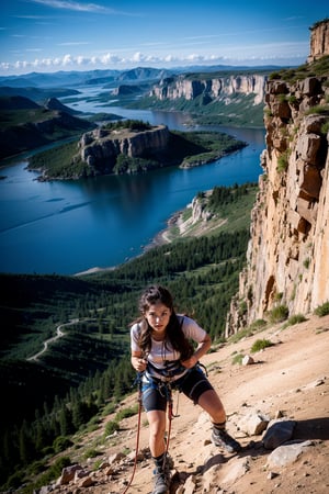 A female climber climbs a rugged mountain with a stunning panoramic view of the surrounding wilderness,