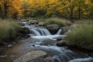In autumn, a meandering stream flows into the distance. Fish swim in the bottomed stream in the early morning. A deer is drinking water by the stream. A pair of migrating swans fly in the sky. Reeds sway in the wind. The blue sky White clouds and endless green mountains, ultra-realistic, ultra-clear, rich in details, extremely high resolution, ultra-wide-angle lens, long shot, SD 1.5