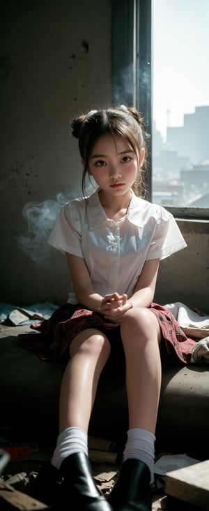 (Masterpiece, best quality), (Still film portrait scene), (1girl, 12 years old beautiful Japanese loli sitting in the middle of chaos, low ponytail, bangs, a plaid A-line skirt, paired with a white shirt and a pair of mary jane shoes. Exquisite life city), Cinematic Realism, (Action TV Show), Cute poses, cute expressions, crazy detailed room, full of garbage, chaos, perfect pupils, crazy detailed faces, exquisitely detailed dirty places, film grain, HD, 8k, volumetric lighting, light and dark, dimly lit, cold tones, hair backlit, ears backlit, volumetric lighting, 8K, perfect eyes, perfect pupils, expressive eyes, smoke, particle effects, mist,