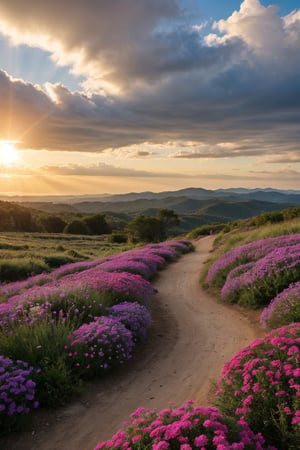 The sun shines on the clouds, the outlines of the clouds are clear, the earth is full of purple flowers, a winding path leads to the distance, green mountains and green waters