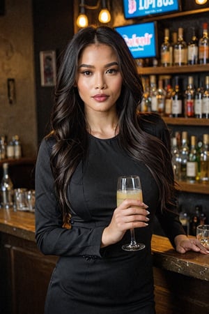 Woman (25 years old) with long black hair and black eyes, caucasian, lustruous shiny hair,  wearing black dress, drinking in a cocktail bar, (beautiful, attractive, busty, sexy, sensual), gorgeous, stylish asymmetric hairstyle, elegant, cleavage